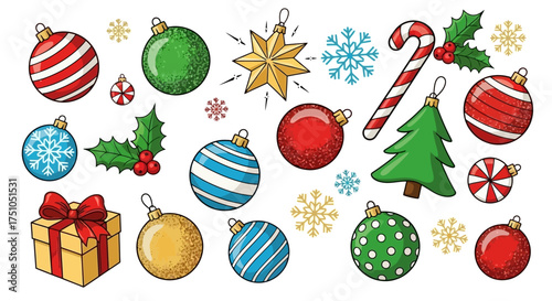 Festive collection of Christmas ornaments, including baubles, candy canes, and gift boxes, arranged on a white background.
