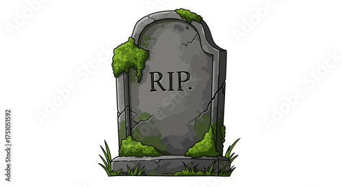 Cracked Tombstone with RIP Inscription and Moss – Halloween PNG and SVG Illustration