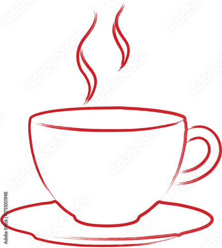Red Outline of a Steaming Coffee Cup and Saucer