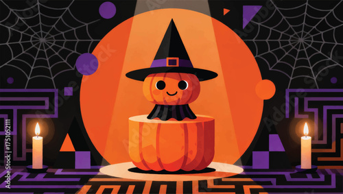 Cartoon Pumpkin Illustration Wearing A Witch's Hat, Vector Illustration, Halloween Background Vector Design Template