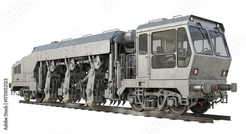 Advanced railway ballast tamper machine for track maintenance, featuring tamping tools and operator cabin, isolated on a white background