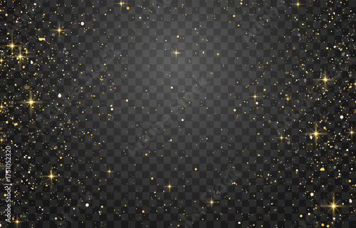 Glitter gold particles shine effect on png background. Vector gold glitter particles effect and texture. Stardust amber particles color on transparent background. Golden explosion of confetti.