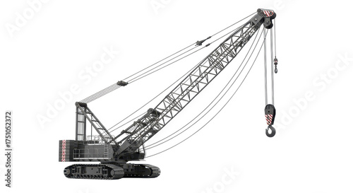 Robust industrial crawler crane with lattice boom and heavy hook block, detailed with counterweights and rigging, isolated on a white background