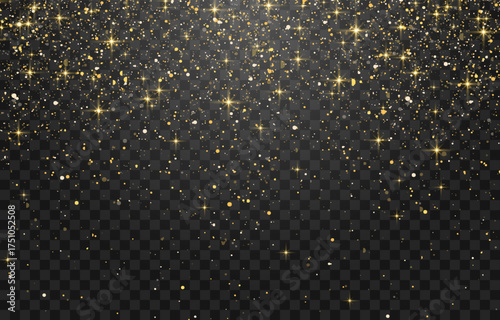 Glitter gold particles shine effect on png background. Vector gold glitter particles effect and texture. Stardust amber particles color on transparent background. Golden explosion of confetti.