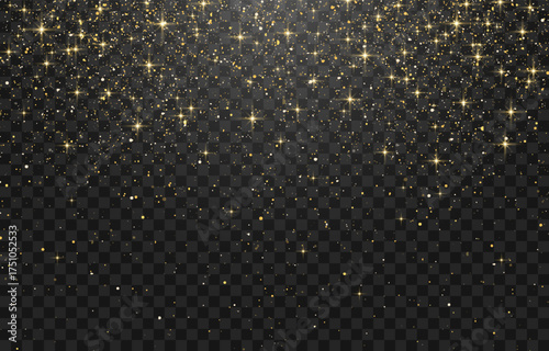 Glitter gold particles shine effect on png background. Vector gold glitter particles effect and texture. Stardust amber particles color on transparent background. Golden explosion of confetti.