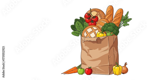 A brown paper grocery bag overflowing with fresh produce and baked goods, including bread, tomatoes, spinach, broccoli, carrots, apples, and peppers.