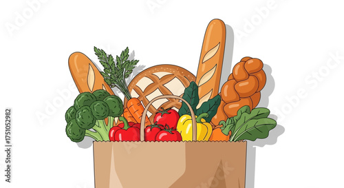 A brown paper grocery bag overflowing with a colorful assortment of fresh vegetables, fruits, and various baked goods.