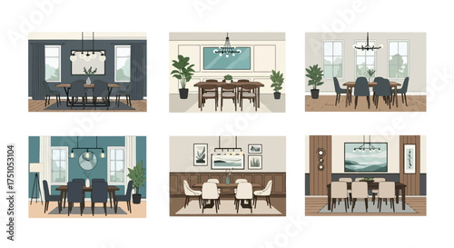 Six different dining room interior design illustrations showcasing various table and seating arrangements.