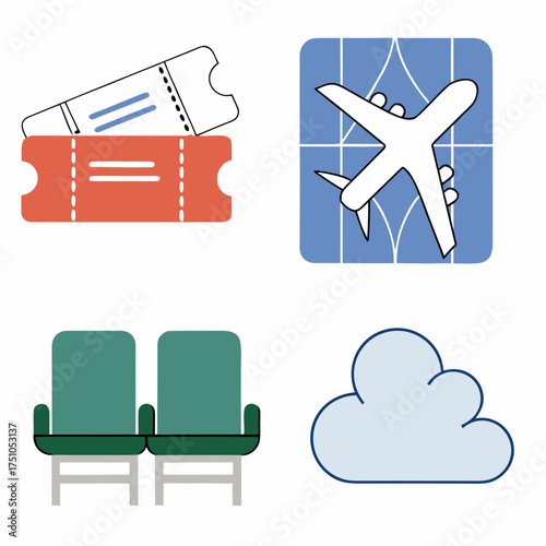 Flat Design Air Travel Icons Tickets Airplane Seats Cloud.