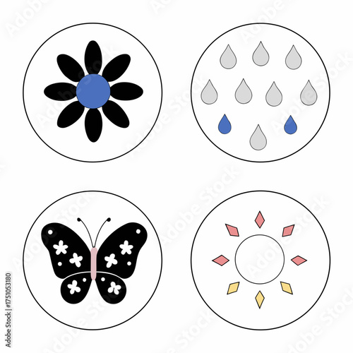 Four circular icons featuring a flower raindrops a butterfly and a sun.