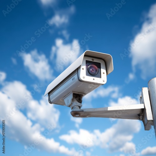 A surveillance camera captures the world, with a bright blue sky in the background, ensuring safety and monitoring.