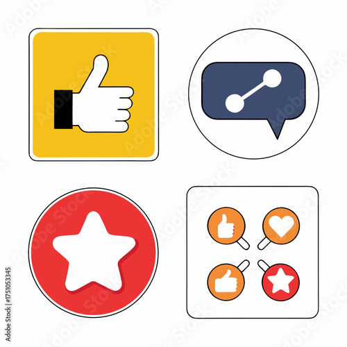 Social Media Interaction Icons Set ThumbsUp Share Star and Reaction Magnifying Glasses.
