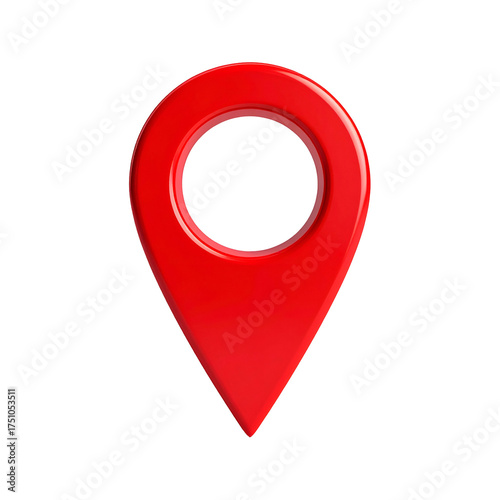 A glossy, red 3D location marker with a round center and a tapering bottom, on black