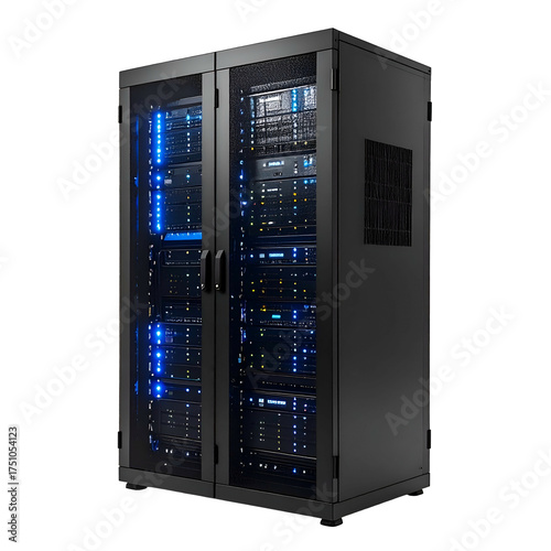 Tall, black server rack cabinet with glass doors, filled with lit tech components