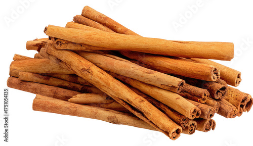 A pile of dried cinnamon sticks, with various lengths, arranged in a haphazard formation