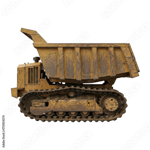 Heavy-duty yellow tracked dumper truck caked with mud, showcasing rugged tracks and a reinforced bed, isolated side profile on a clean white background