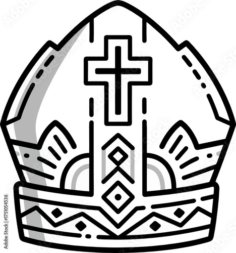 Bold Bishop Mitre Vector Icon – Modern Black and White Catholic Cross Headwear Outline for Tracing