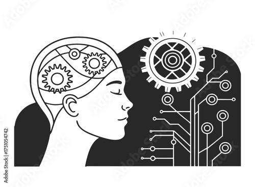 Monochrome Human Head Profile with Internal Gears and External Circuitry Design