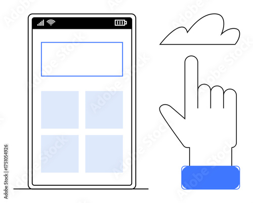 Smartphone interface displaying grid layout and icons alongside a hand pointing towards a floating cloud. Ideal for technology, apps, cloud computing, user interface, interaction, connectivity