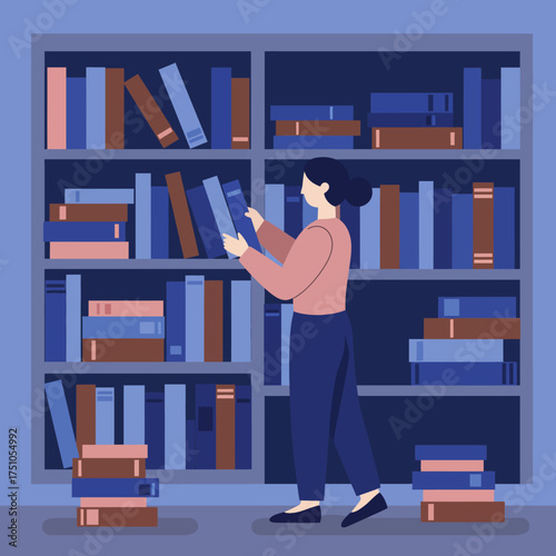 A person selecting a book from a large, filled bookshelf with many volumes.