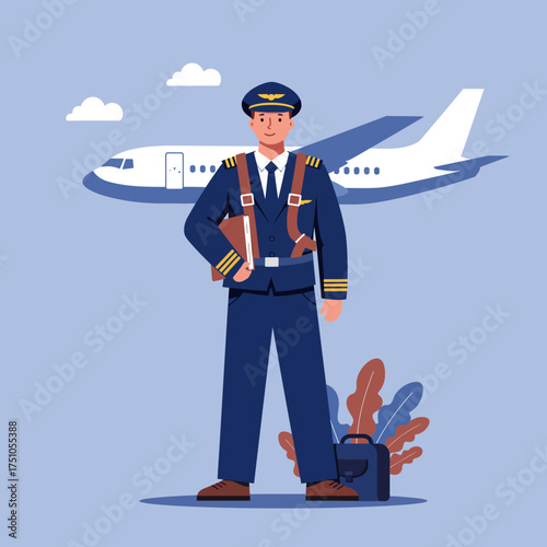 A professional pilot stands confidently in uniform, with an airplane in the background, ready for flight.