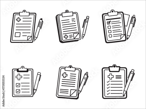 Medical clipboard checklist and pen icon set in modern style