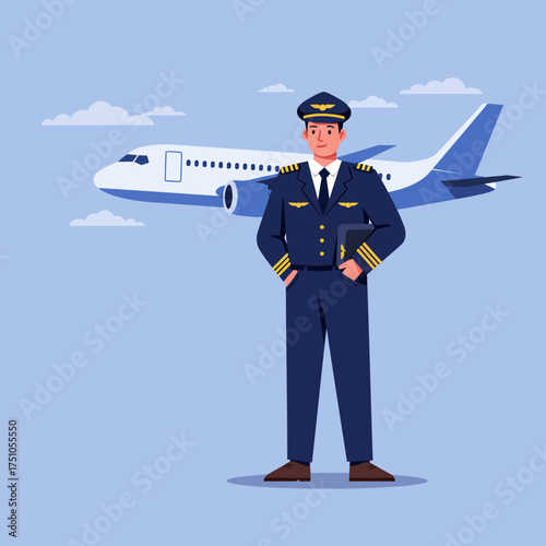 A confident pilot stands in front of an airplane, ready for flight, with a professional appearance.