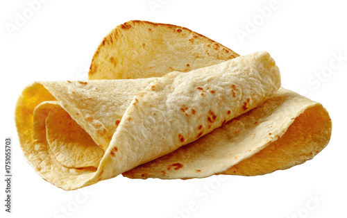 Stack of golden-brown, folded flatbreads isolated against a transparent, dark background