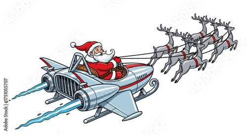 Santa Claus flying in a futuristic sleigh pulled by reindeer.