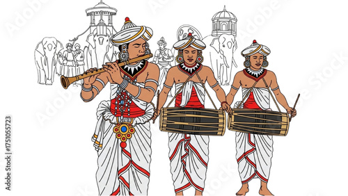 Minimalist One-Line Vector Illustration of Traditional Musicians Playing Flute and Drums in a Temple Parade, Black and White Line Art Representing Heritage, Culture, and Celebration