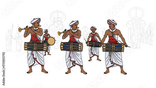 Continuous Line Art of Traditional Flute and Drum Players Walking in a Perahera Parade, Vector Illustration Symbolizing Rhythm, Culture, and Unity