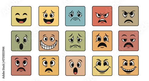 A grid of 15 square cartoon faces displaying a variety of emotions and expressions.