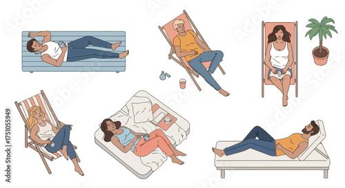 Illustration depicting various people relaxing outdoors, using phones and enjoying leisure time.
