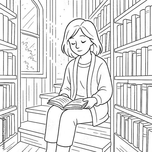 Peaceful scene of a young woman engrossed in a book, sitting comfortably on library steps surrounded by towering bookshelves, ideal for a relaxing and educational coloring page