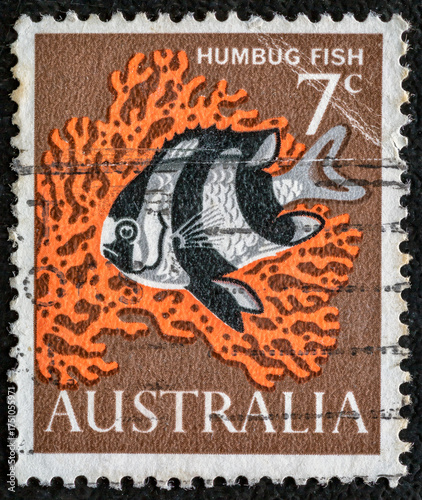 AUSTRALIA-CIRCA 1966:A stamp printed in Australia shows Humbug Fish (Dascyllus aruanus), circa 1966.Philately.World stamp collection.Postage stamps from different countries and eras.