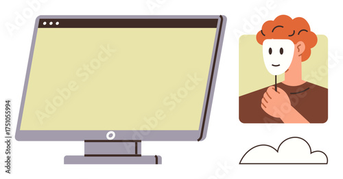 Person with red hair holding a smiling mask beside a blank computer screen, symbolizing identity, privacy, and online personas. Ideal for security, technology, internet safety, communication