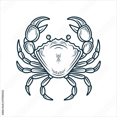 Hand-drawn crab in vintage engraving style with detailed claws and bold monochrome lines. Classic Cancer zodiac sign illustration. Perfect for logo, tattoo, and horoscope art. Part of set.