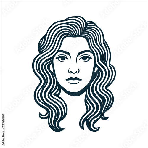 Hand-drawn female portrait in vintage engraving style with flowing hair and fine lines. Classic Virgo zodiac sign illustration. Perfect for logo, tattoo, and horoscope design. Part of set.