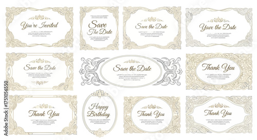 A collection of elegant, vintage-style invitation and card templates with ornate gold and silver frames.
