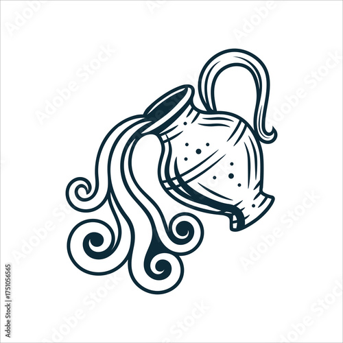 Hand-drawn water jug in vintage engraving style with flowing lines and elegant details. Classic Aquarius zodiac sign illustration. Perfect for logo, tattoo, and astrology art. Part of set.