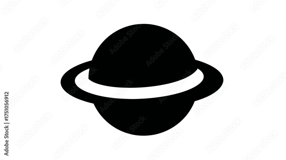 Fototapeta premium Minimalist black planet icon with ring, representing space, astronomy, and the solar system. Simple graphic symbol on white background.