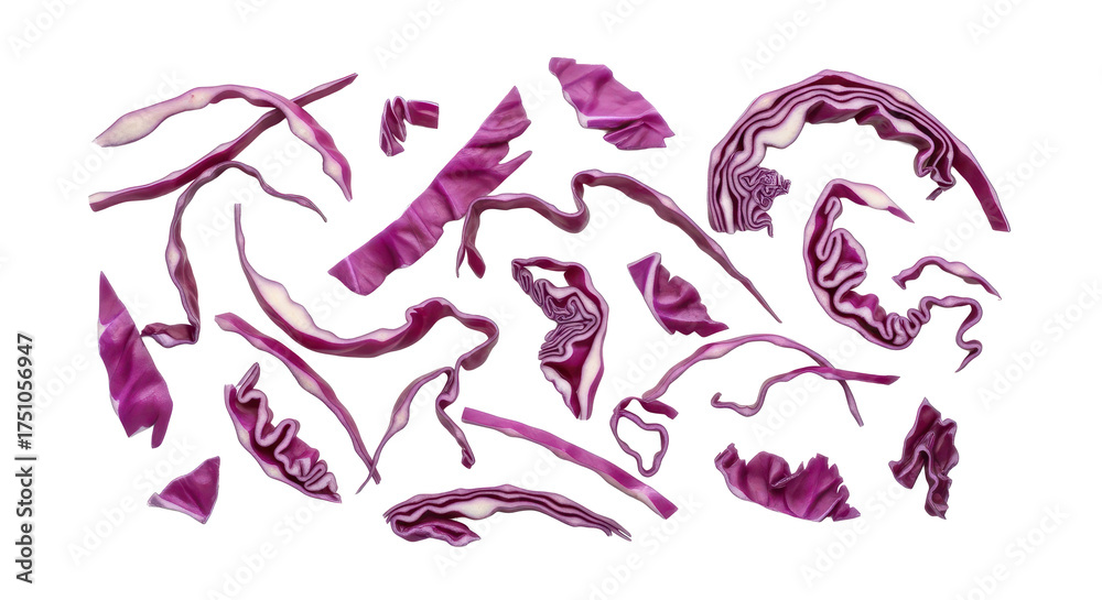 Fototapeta premium Freshly chopped and shredded red cabbage pieces, vibrant purple, scattered loosely on a clean white background, showcasing natural textures for healthy culinary designs