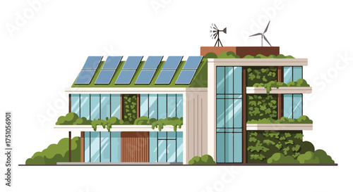 Eco-Friendly Home: A Sustainable Residential Design with Renewable Energy and Green Living Elements illustrating Modern Architecture and