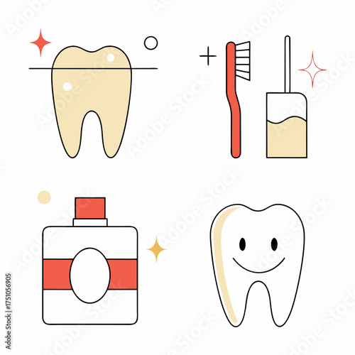 Dental care and oral hygiene icon set with tooth toothbrush and mouthwash illustrations.