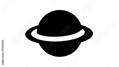 Minimalist black planet icon with ring, representing space, astronomy, and the solar system. Simple graphic symbol on white background.