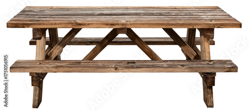 A weathered wooden picnic table, featuring a classic design with attached benches and angled legs