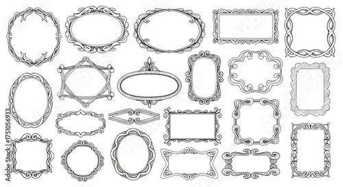 A collection of ornate vintage decorative frames in various shapes and sizes, featuring intricate scrollwork and elegant designs.