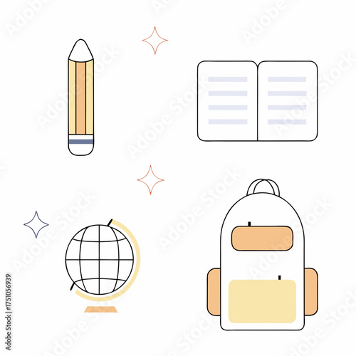 Flat Design School Supplies Illustration Set with Pencil Notebook Globe Backpack.