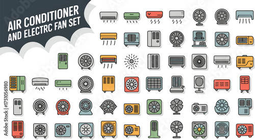 air conditioner and electric fan icon bundle for cooling and ventilation design elements
