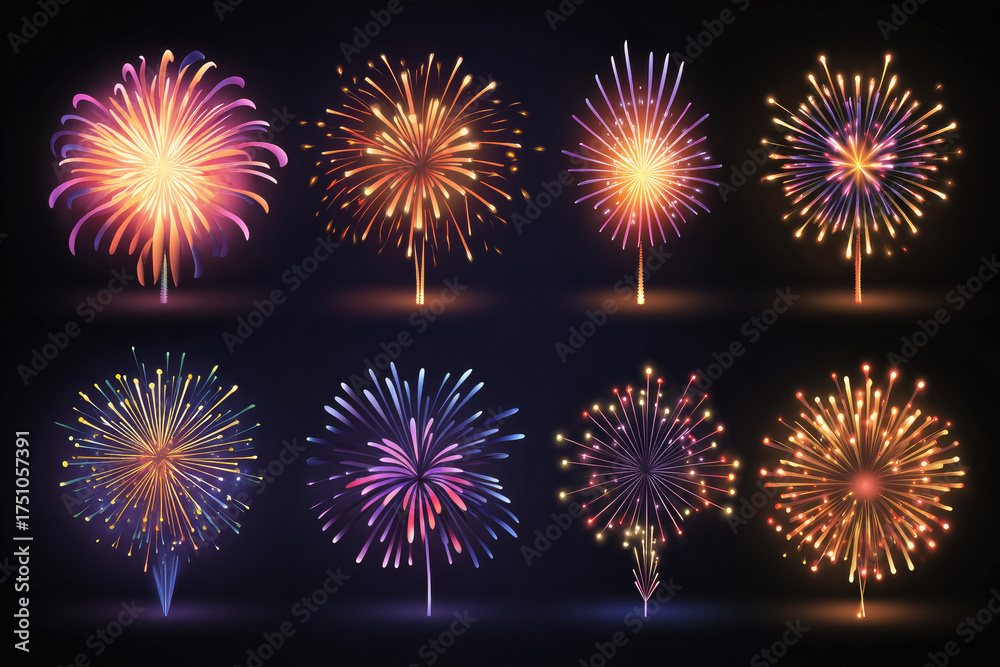 Fototapeta premium Fireworks set of icons, symbols. Celebration, winner, New year party, anniversary poster and banner design. Chinese new year abstract background